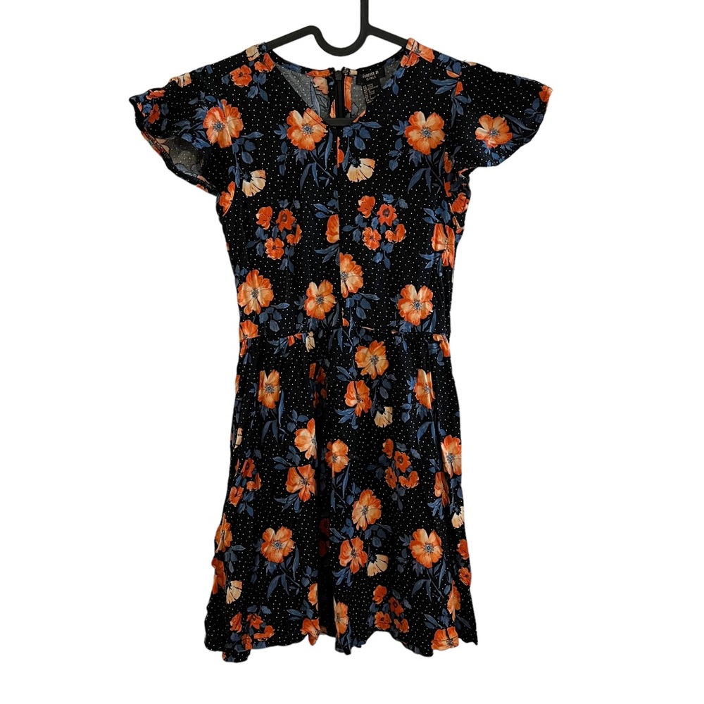 2/$15 Forever 21 girls 11/12 tropical floral orange black fit flare short dress